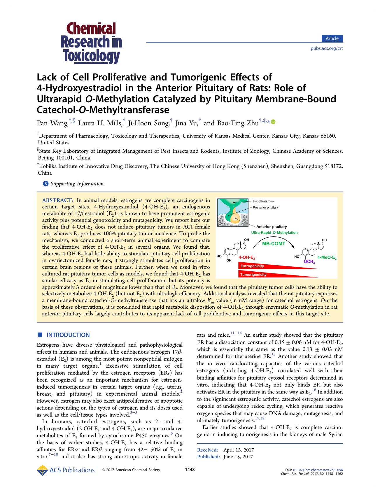 Lack of Cell Proliferative and Tumorigenic Effects of 4-Hydroxyestradiol in the Anterior Pituitary of Rats: Role of Ultrarapid O-Methylation Catalyzed by Pituitary Membrane-Bound C by Pan Wang Laura H. Mills Ji-Hoon Song Jina Yu and Bao-Ting Zhu