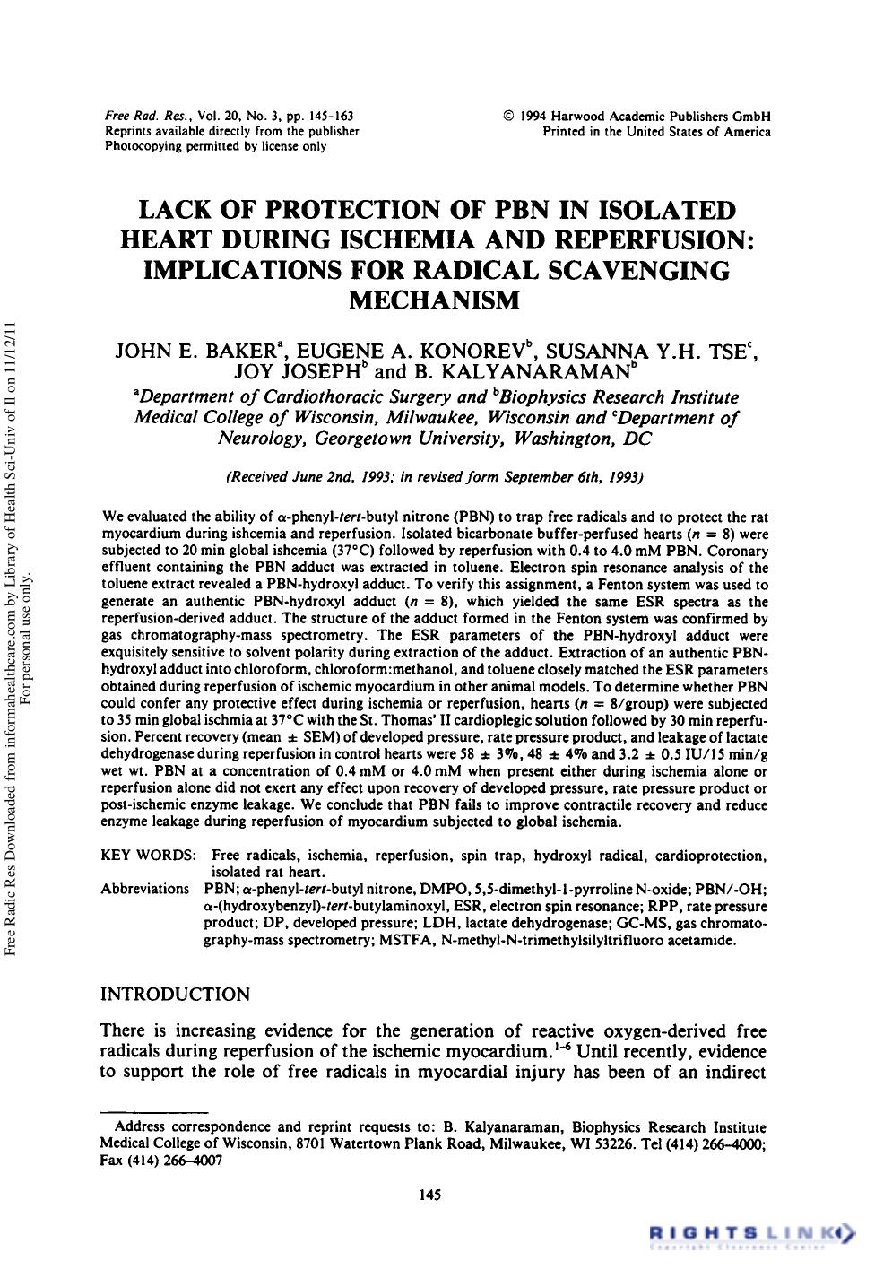 Lack of Protection of Pbn in Isolated Heart During Ischemia and Reperfusion: Implications for Radical Scavenging Mechanism by John E. Baker1 Eugene A. Konorev2 Susanna Y.H. Tse3 Joy Joseph2 & B. Kalyanaraman2†