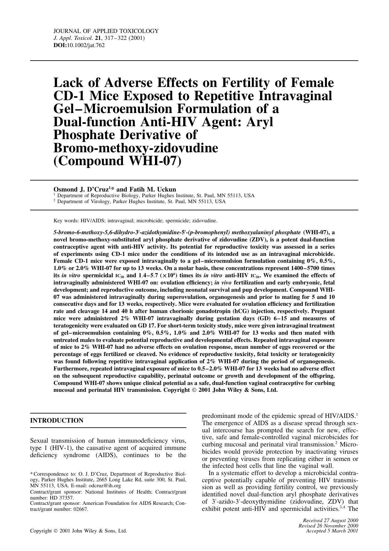 Lack of adverse effects on fertility of female cd-1 mice exposed to repetitive intravaginal gel-microemulsion formulation of a dual-function anti-HIV agent: aryl phosphate derivati by Unknown
