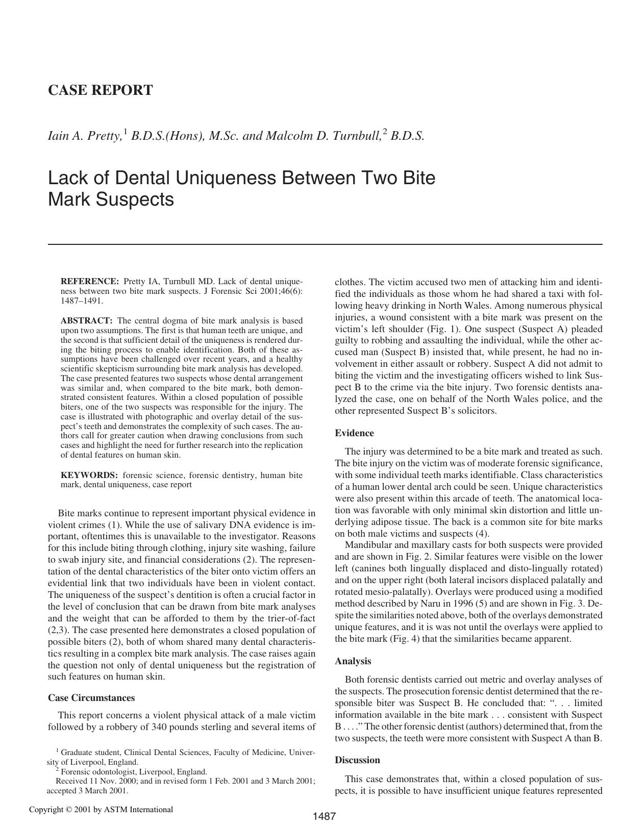 Lack of dental uniqueness between two bite mark suspects by Pretty IA Turnbull MD