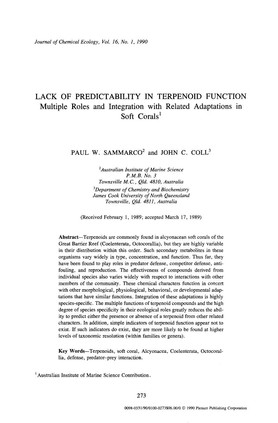 Lack of predictability in terpenoid function Multiple roles and integration with related adaptations in soft corals by Unknown