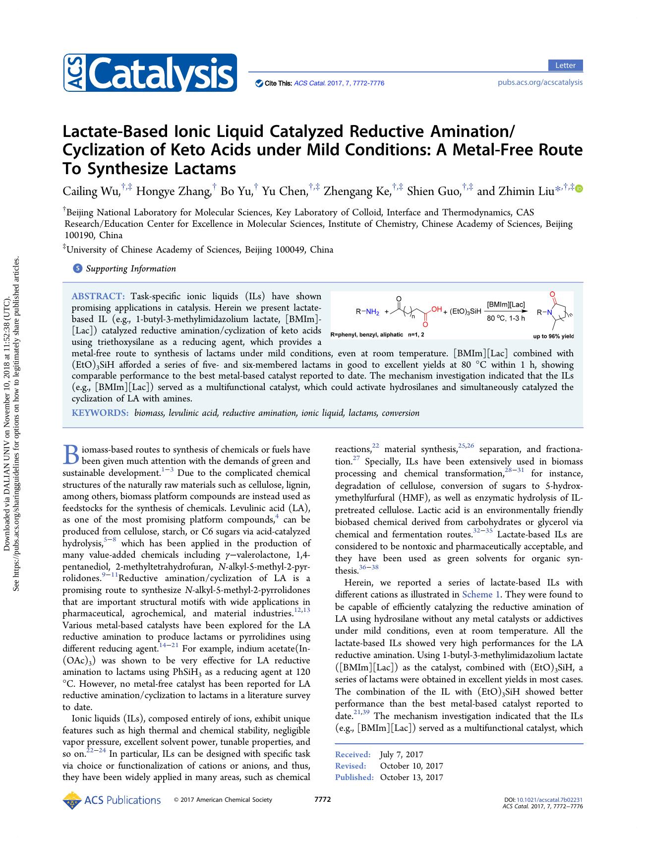 Lactate-Based Ionic Liquid Catalyzed Reductive AminationCyclization of Keto Acids under Mild Conditions: A Metal-Free Route To Synthesize Lactams by Cailing Wu Hongye Zhang Bo Yu Yu Chen Zhengang Ke Shien Guo & Zhimin Liu