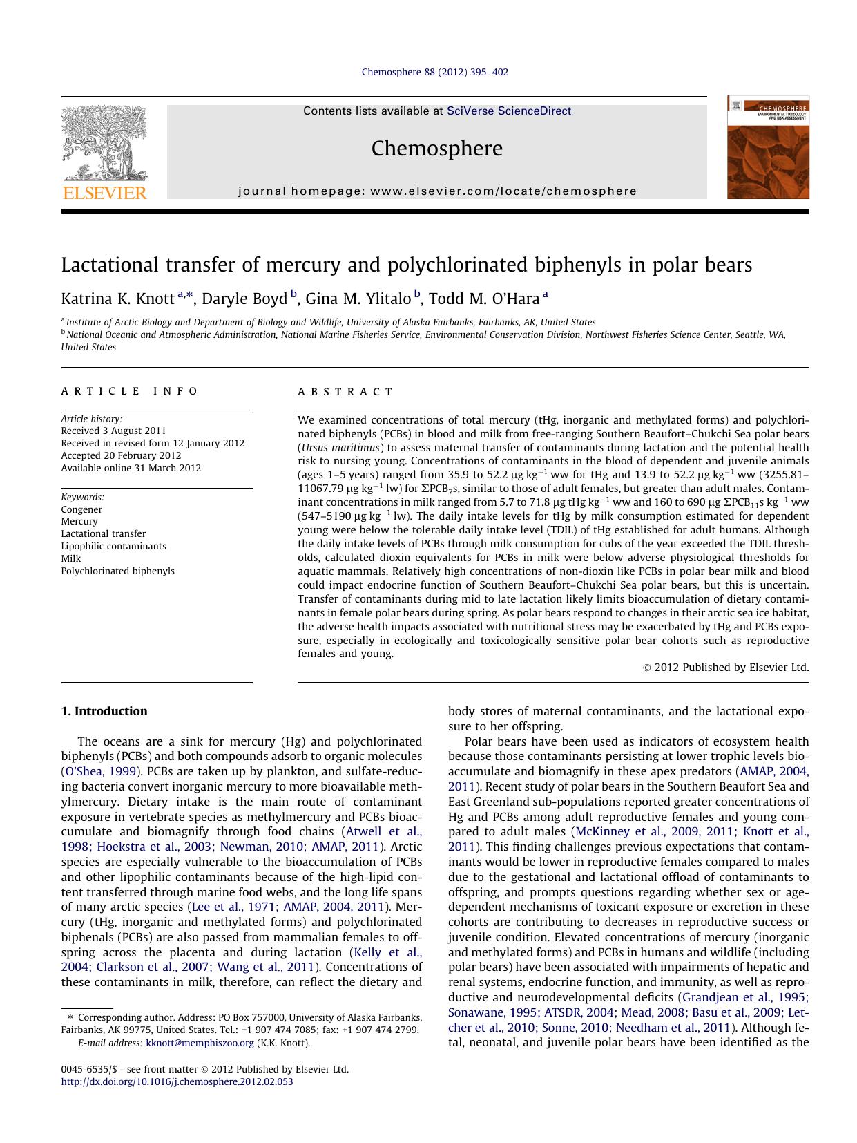 Lactational transfer of mercury and polychlorinated biphenyls in polar bears by Katrina K. Knott & Daryle Boyd & Gina M. Ylitalo & Todd M. O’Hara
