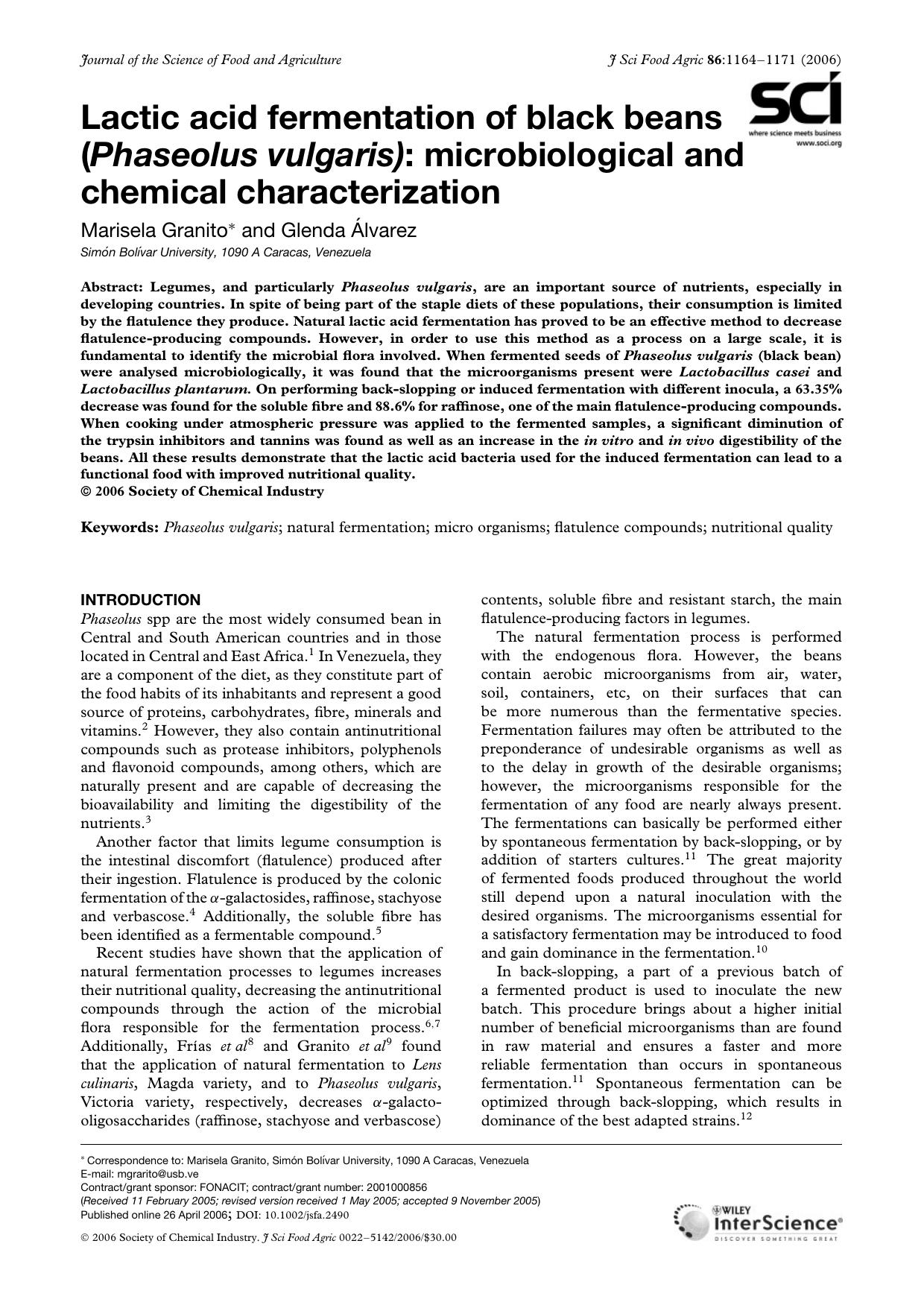 Lactic acid fermentation of black beans (Phaseolus vulgaris): microbiological and chemical characterization by Unknown