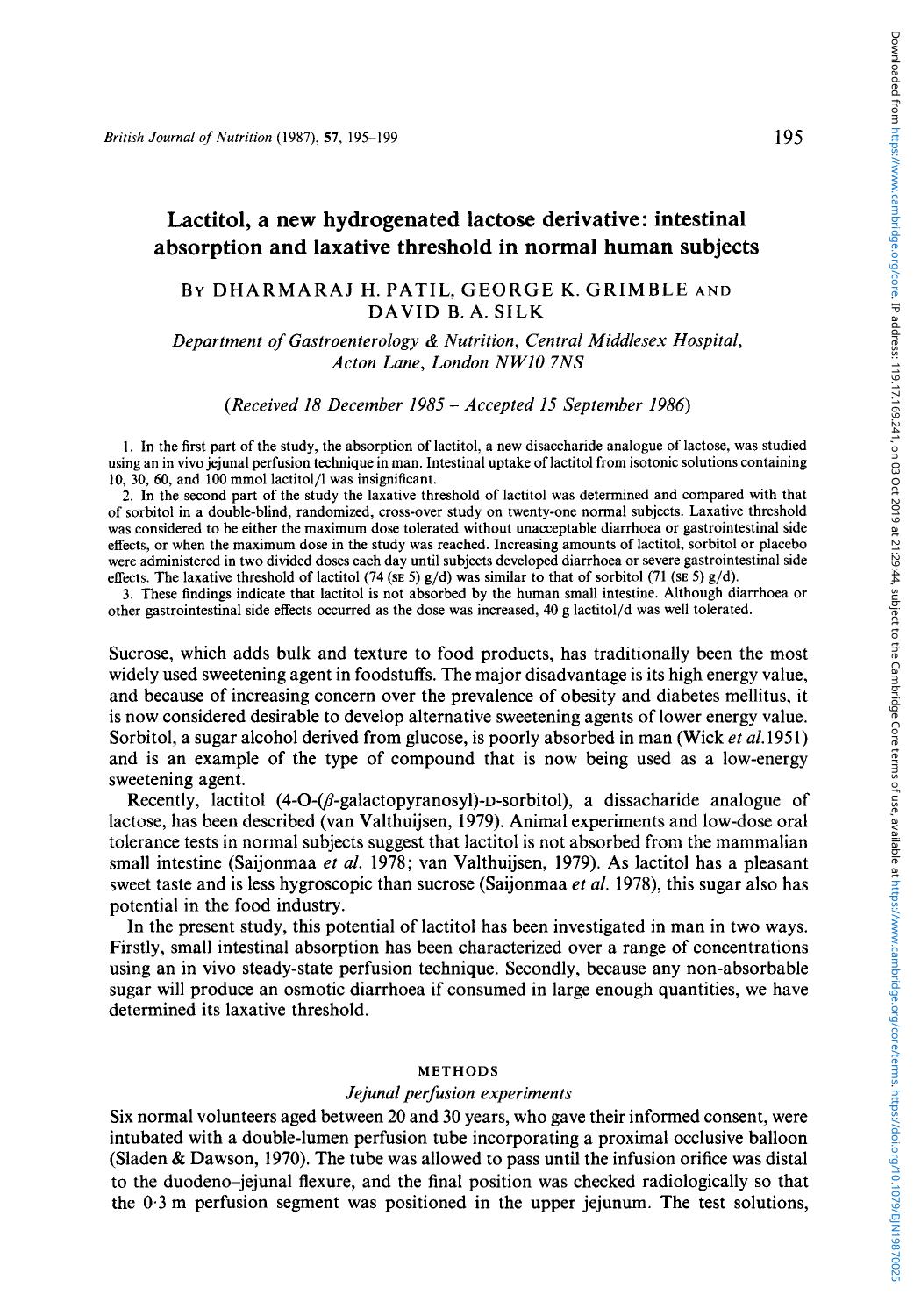 Lactitol, a new hydrogenated lactose derivative: intestinal absorption and laxative threshold in normal human subjects by Dharmaraj H. Patil George K. Grimble & David B. A. Silk