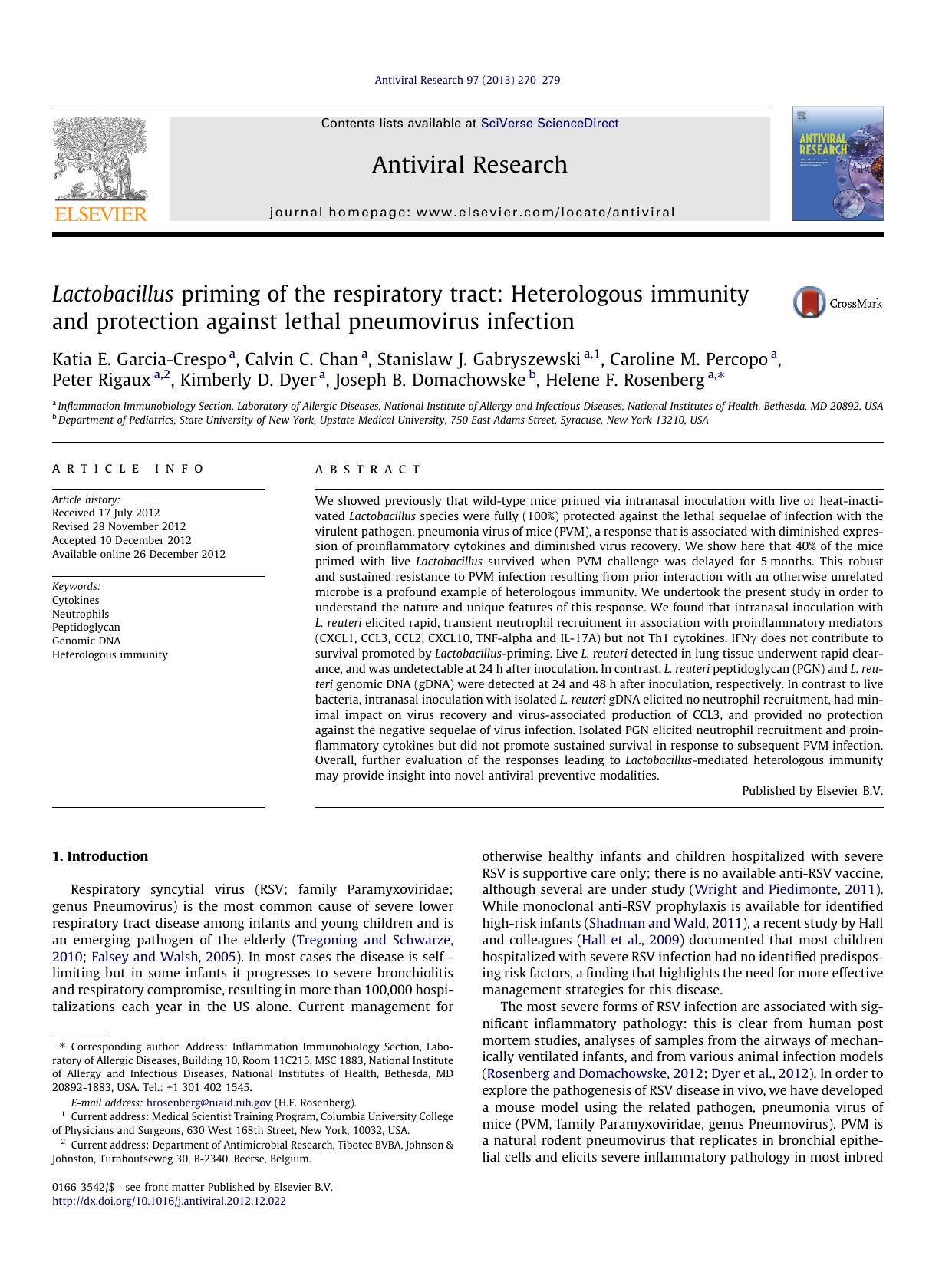 Lactobacillus priming of the respiratory tract: Heterologous immunity and protection against lethal pneumovirus infection by unknow