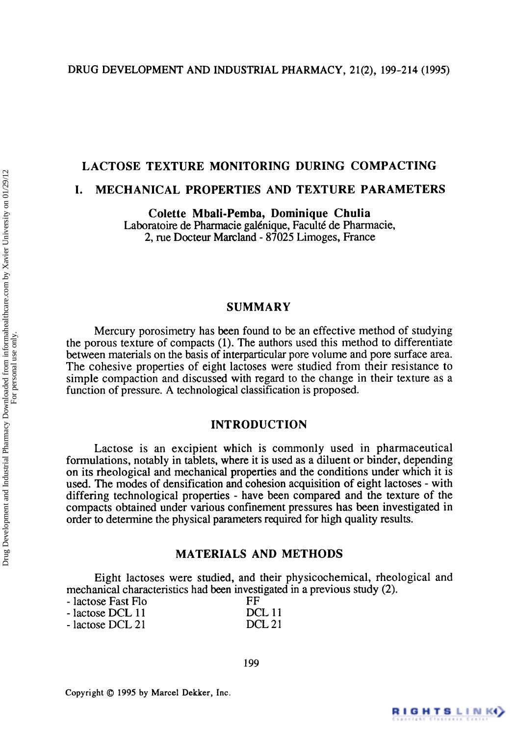Lactose Texture Monitoring During Compacting I. Mechanical Properties and Texture Parameters by Colette Mbali-Pemba & Dominique Chulia