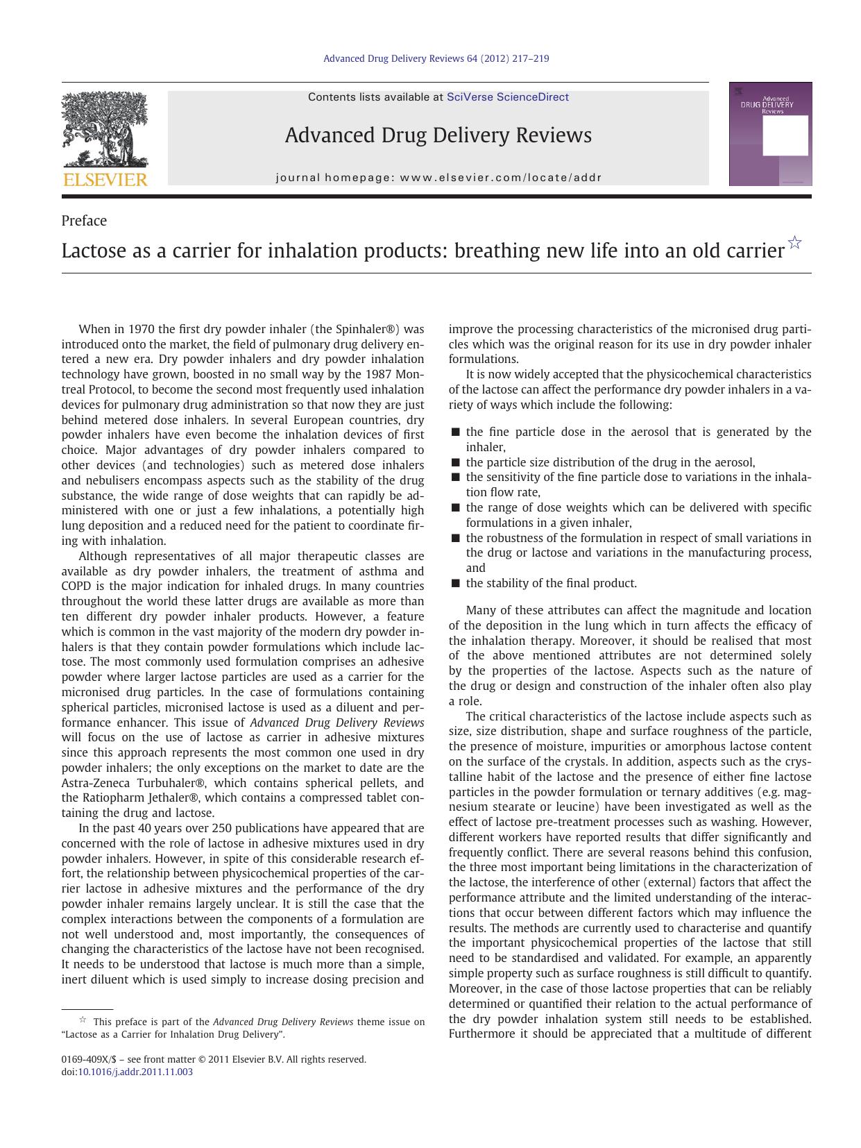 Lactose as a carrier for inhalation products: breathing new life into an old carrier by Chris Marriott & Henderik W. Frijlink