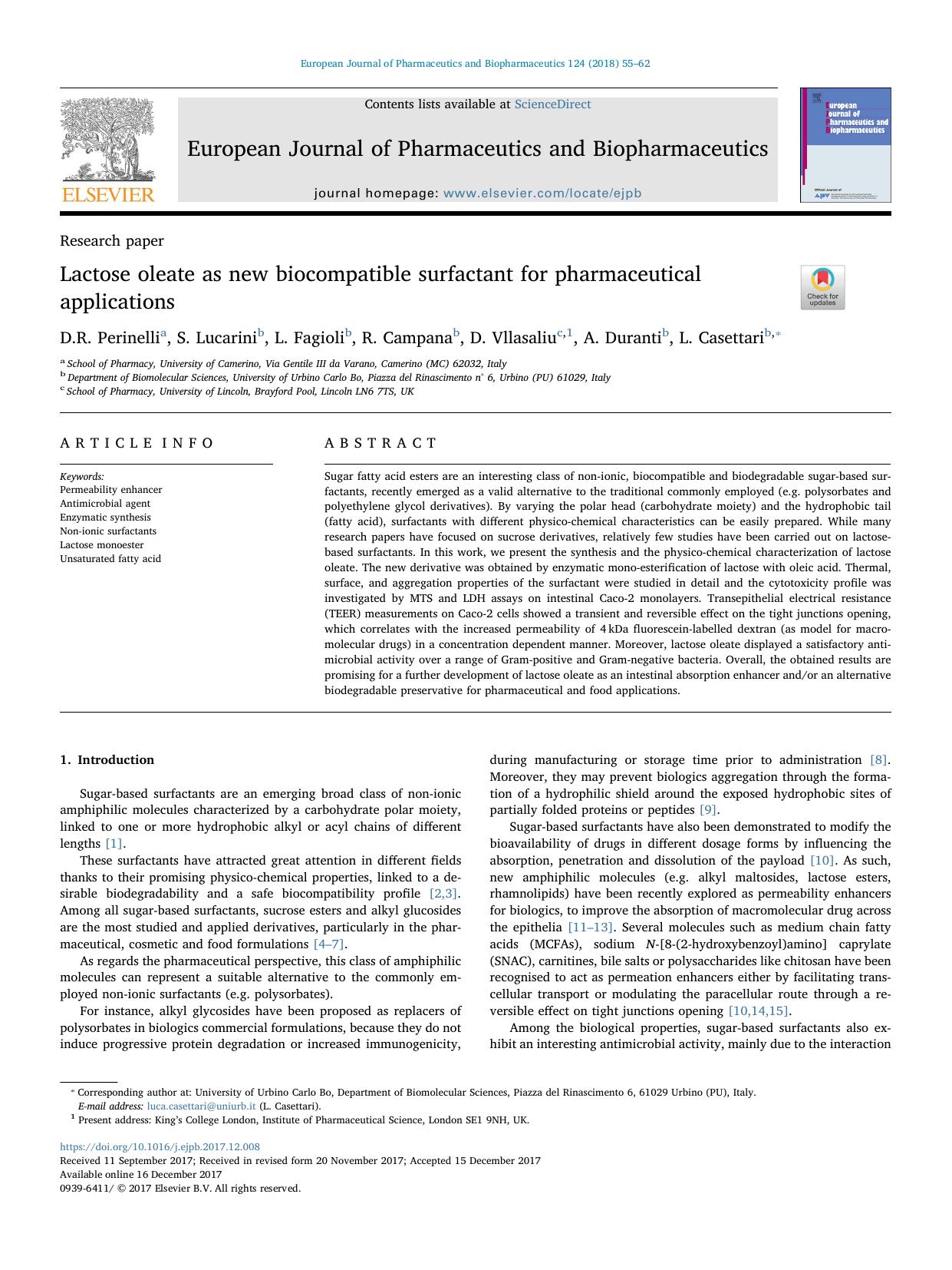 Lactose oleate as new biocompatible surfactant for pharmaceutical applications by D.R. Perinelli & S. Lucarini & L. Fagioli & R. Campana & D. Vllasaliu & A. Duranti & L. Casettari