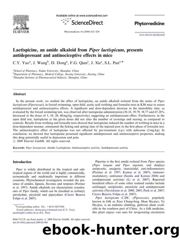 Laetispicine, an amide alkaloid from Piper laetispicum, presents antidepressant and antinociceptive effects in mice by C.Y. Yao; J. Wang; D. Dong; F.G. Qian; J. Xie; S.L. Pan