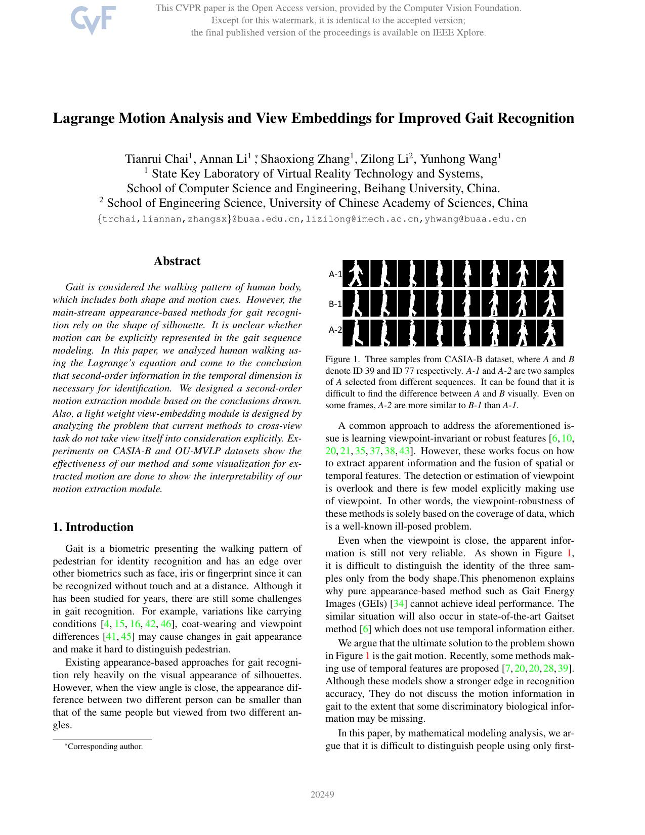 Lagrange Motion Analysis and View Embeddings for Improved Gait Recognition by Tianrui Chai & Annan Li & Shaoxiong Zhang & Zilong Li & Yunhong Wang