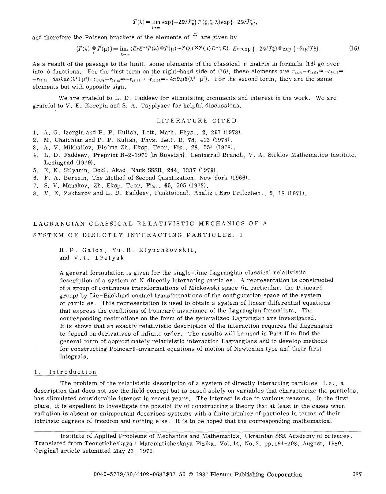 Lagrangian classical relativistic mechanics of a system of directly interacting particles. I by Unknown