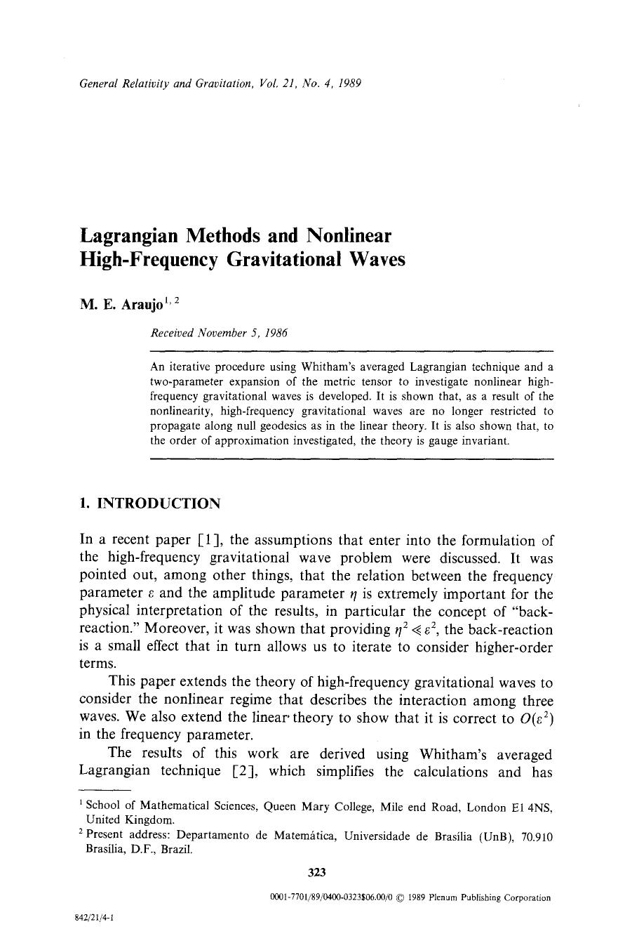 Lagrangian methods and nonlinear high-frequency gravitational waves by Unknown