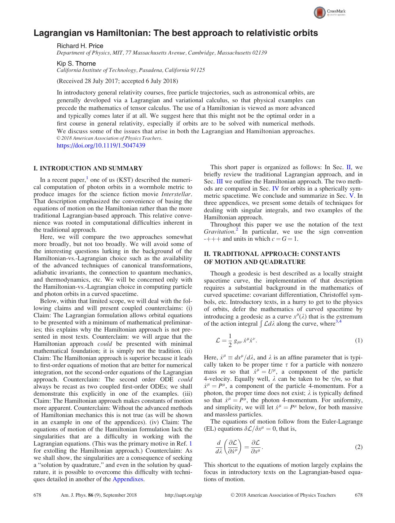Lagrangian vs Hamiltonian: The best approach to relativistic orbits by Richard H. Price Kip S. Thorne
