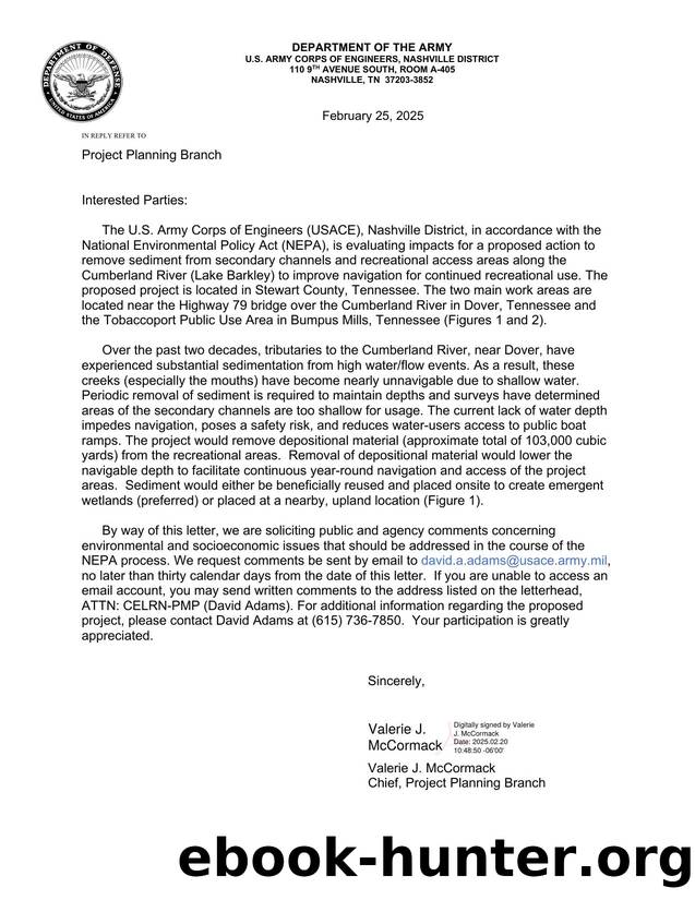 Lake Barkley Sediment Removal Scoping Notice signed by Abernathy Lianna M CIV USARMY LRN