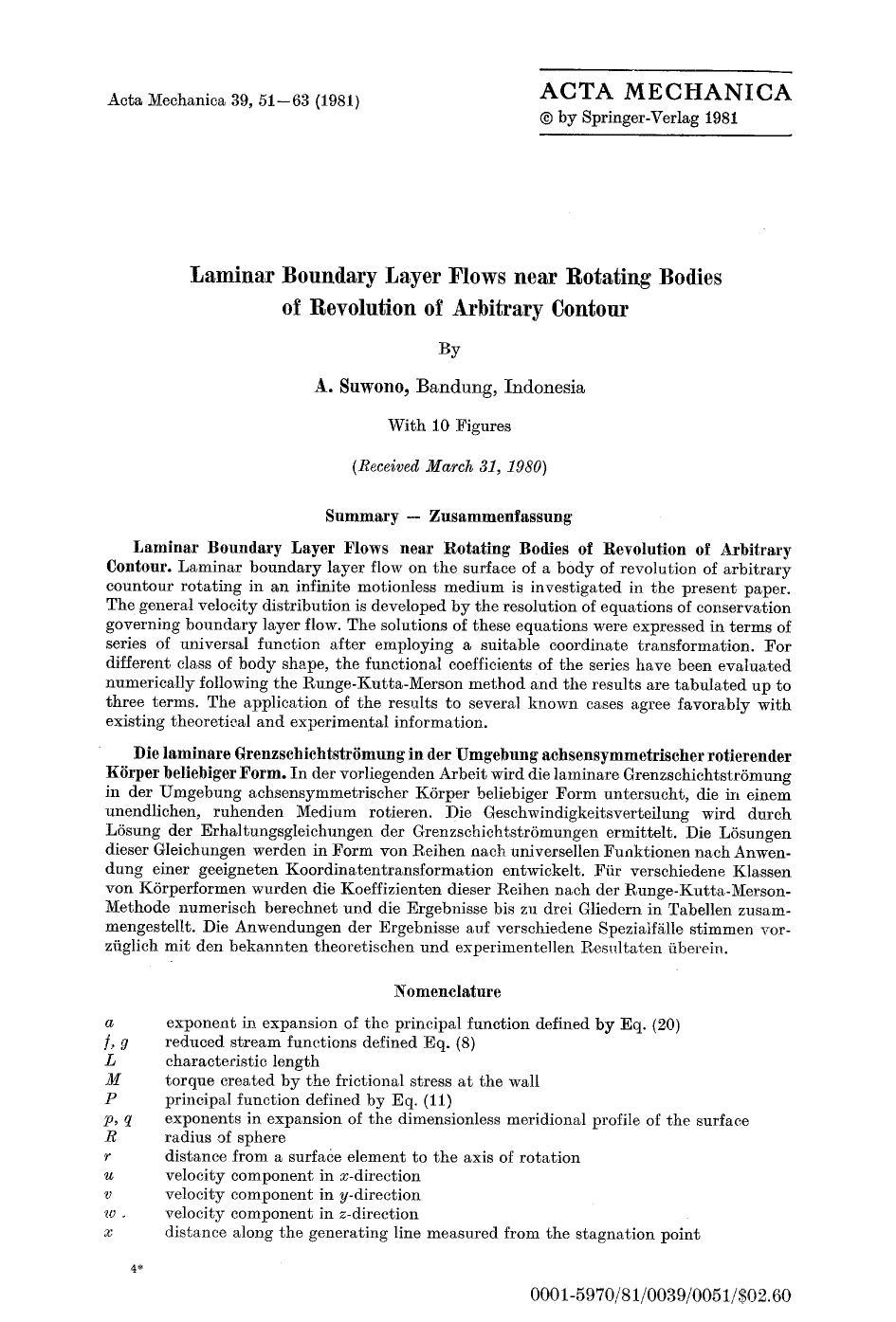 Laminar boundary layer flows near rotating bodies of revolution of arbitrary contour by Unknown