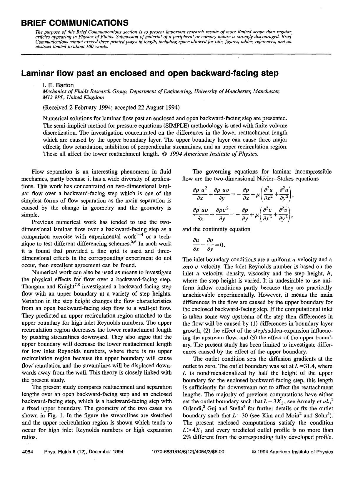 Laminar flow past an enclosed and open backward-facing step by I. E. Barton