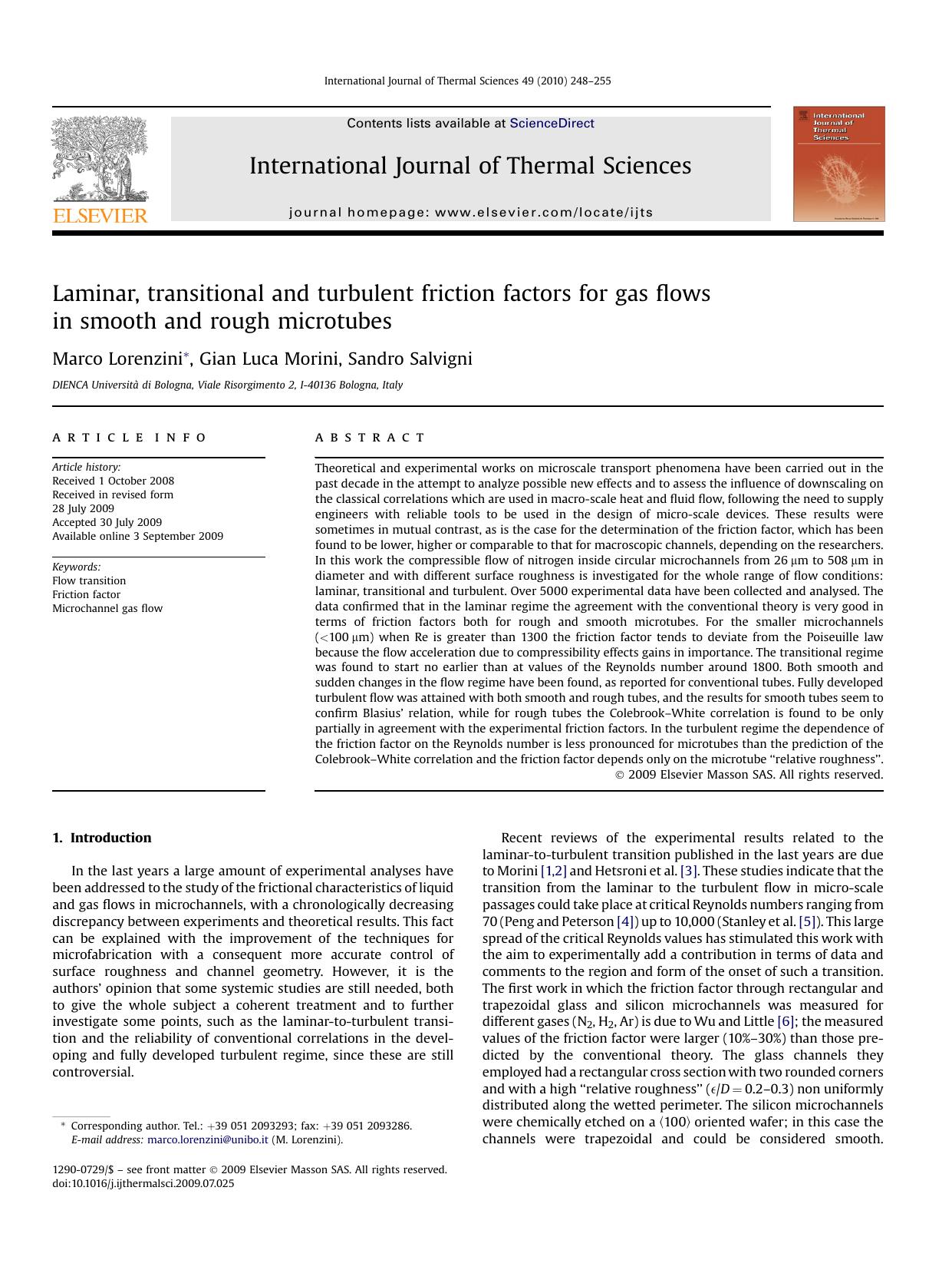 Laminar, transitional and turbulent friction factors for gas flows in smooth and rough microtubes by Marco Lorenzini; Gian Luca Morini; Sandro Salvigni