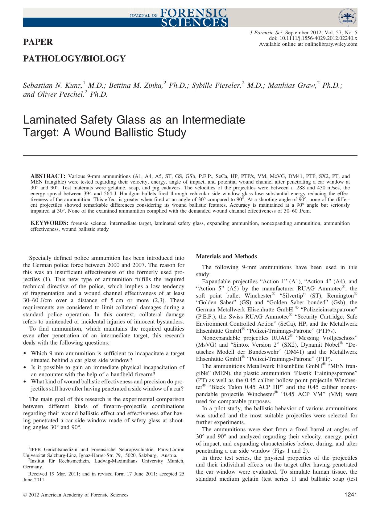 Laminated Safety Glass as an Intermediate Target: A Wound Ballistic Study by Unknown