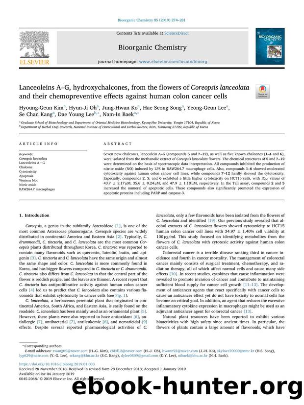 Lanceoleins AâG, hydroxychalcones, from the flowers of Coreopsis lanceolata and their chemopreventive effects against human colon cancer cells by unknow