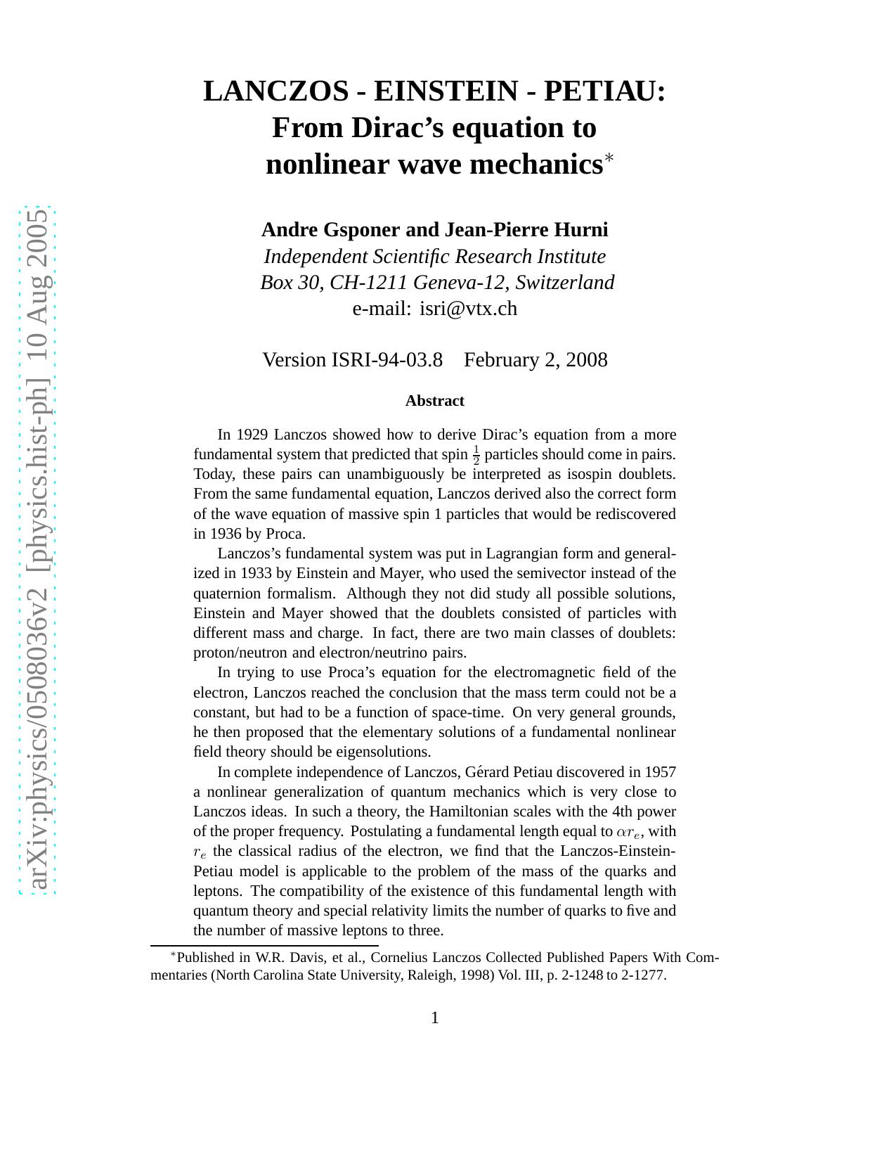 Lanczos - Einstein - Petiau: From Dirac's equation to nonlinear wave mechanics by Gsponer Andre Hurni Jean-Pierre