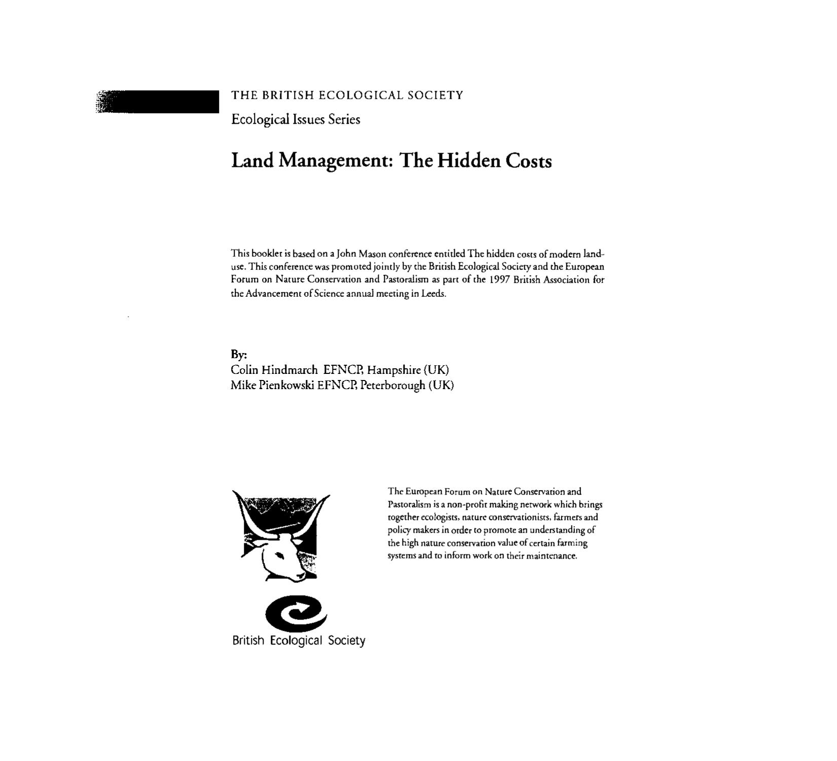Land Management: The Hidden Costs by Colin Hindmarch Mike Pienkowski(auth.)