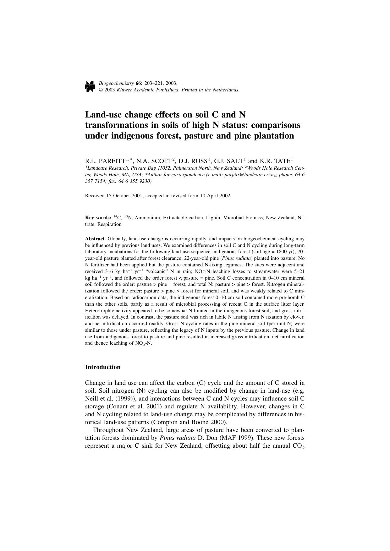 Land-use change effects on soil C and N transformations in soils of high N status: comparisons under indigenous forest, pasture and pine plantation by Unknown