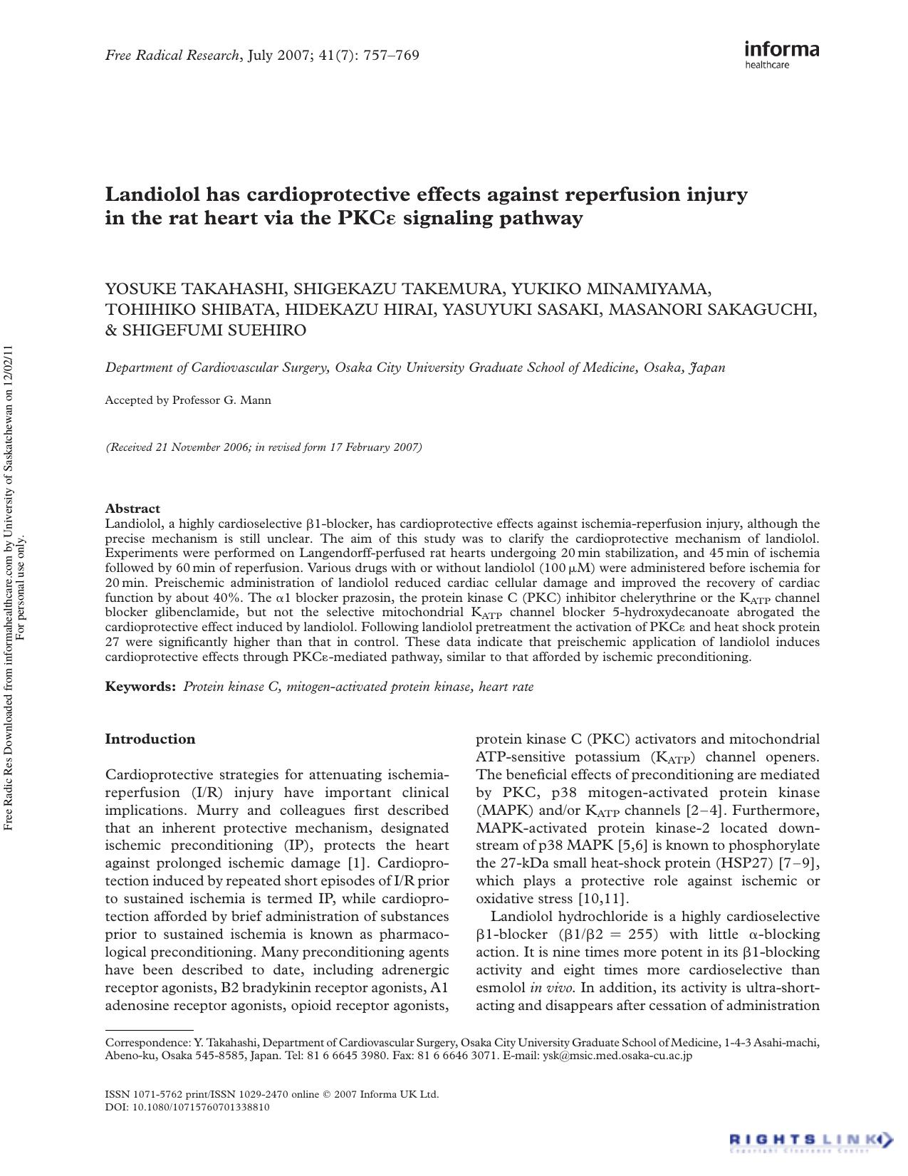 Landiolol has cardioprotective effects against reperfusion injury in the rat heart via the PKCÎµ signaling pathway by unknow