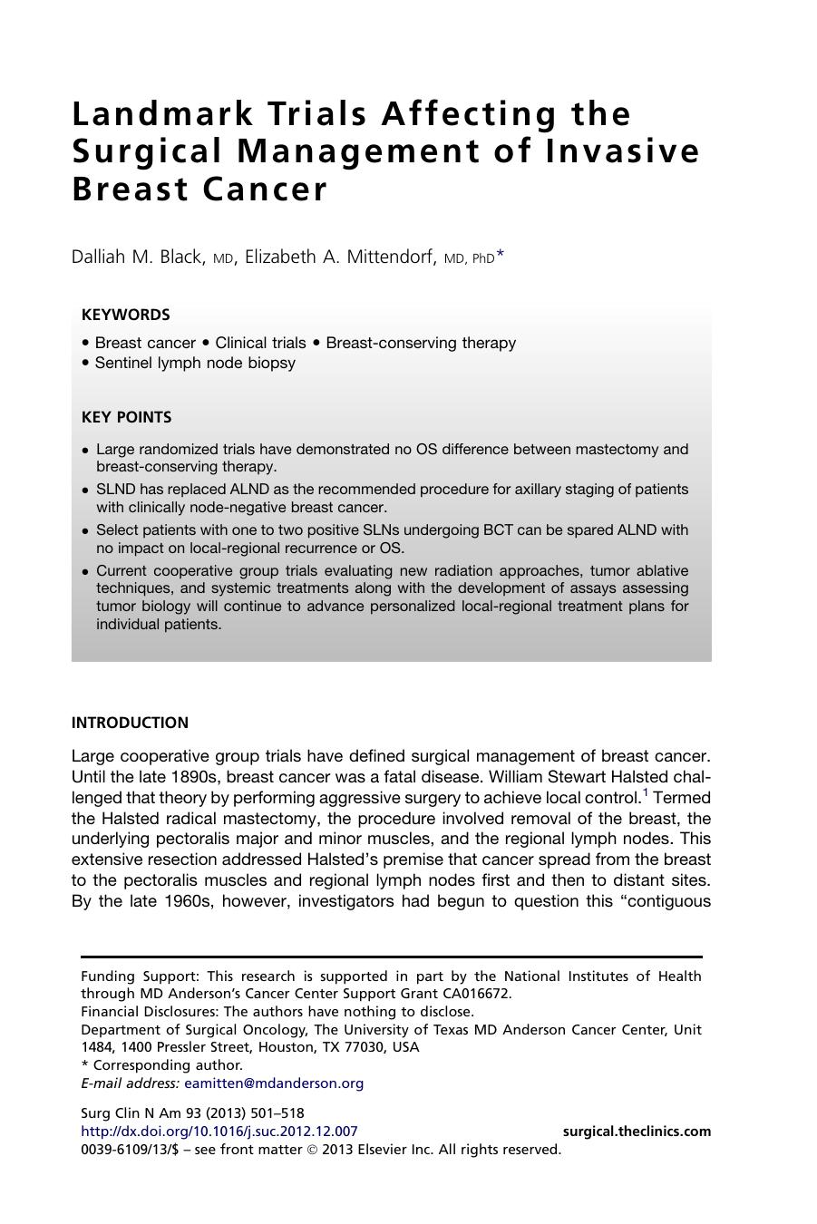 Landmark Trials Affecting the Surgical Management of Invasive Breast Cancer by Dalliah M. Black MD & Elizabeth A. Mittendorf MD PhD