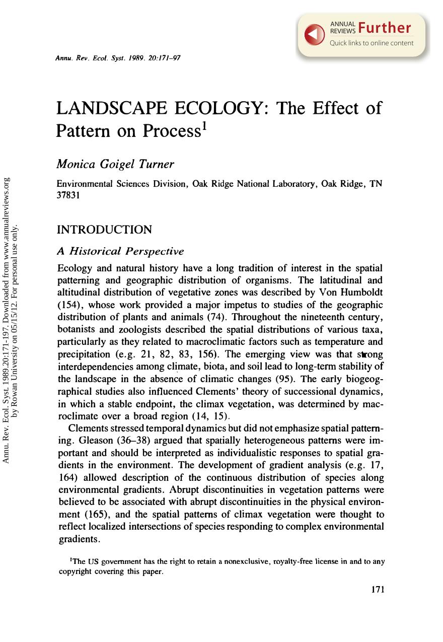Landscape Ecology: The Effect of Pattern on Process by M G Turner