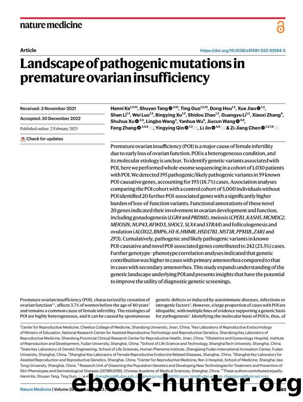 Landscape of pathogenic mutations in premature ovarian insufficiency by unknow