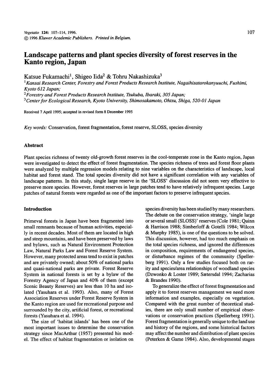 Landscape patterns and plant species diversity of forest reserves in the Kanto region, Japan by Unknown