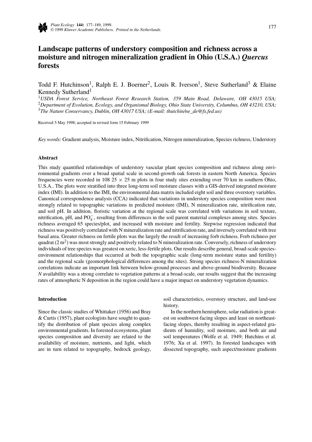 Landscape patterns of understory composition and richness across a moisture and nitrogen mineralization gradient in Ohio (U.S.A.) Quercus forests by Unknown