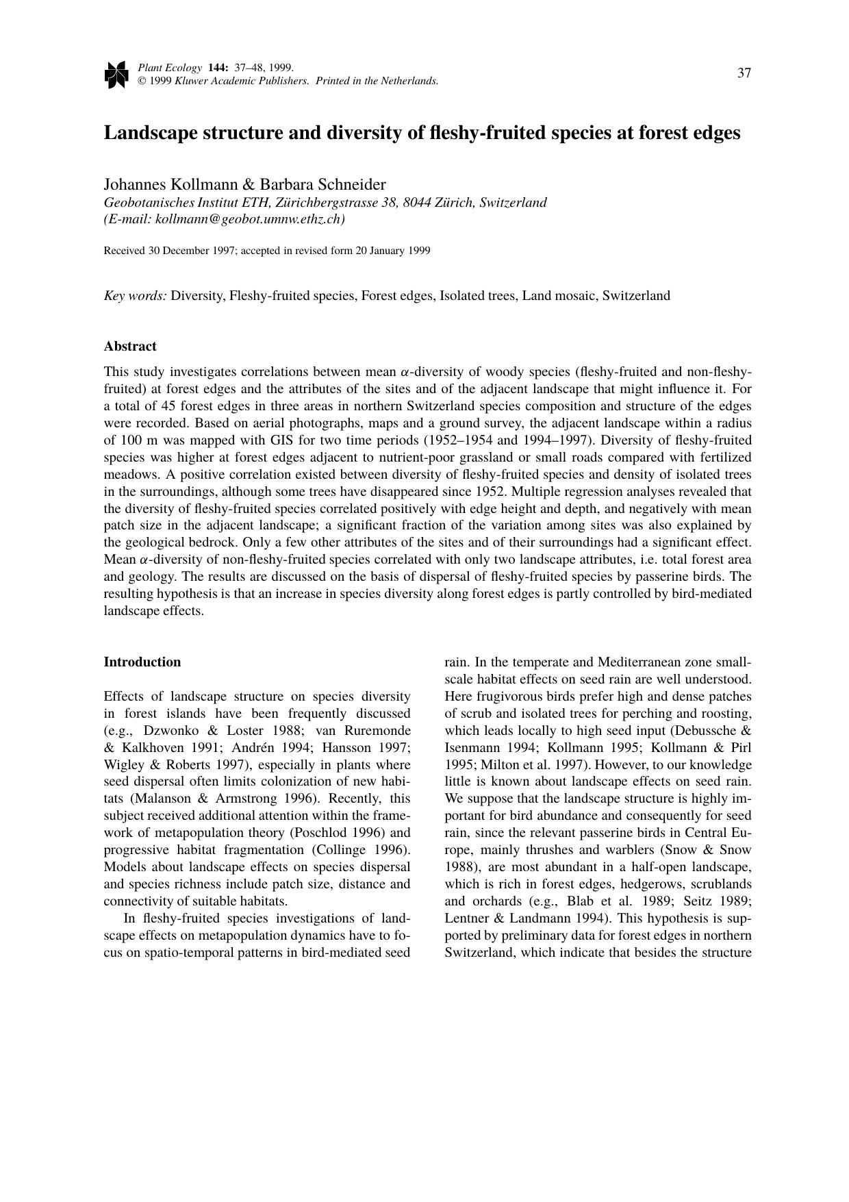 Landscape structure and diversity of fleshy-fruited species at forest edges by Unknown