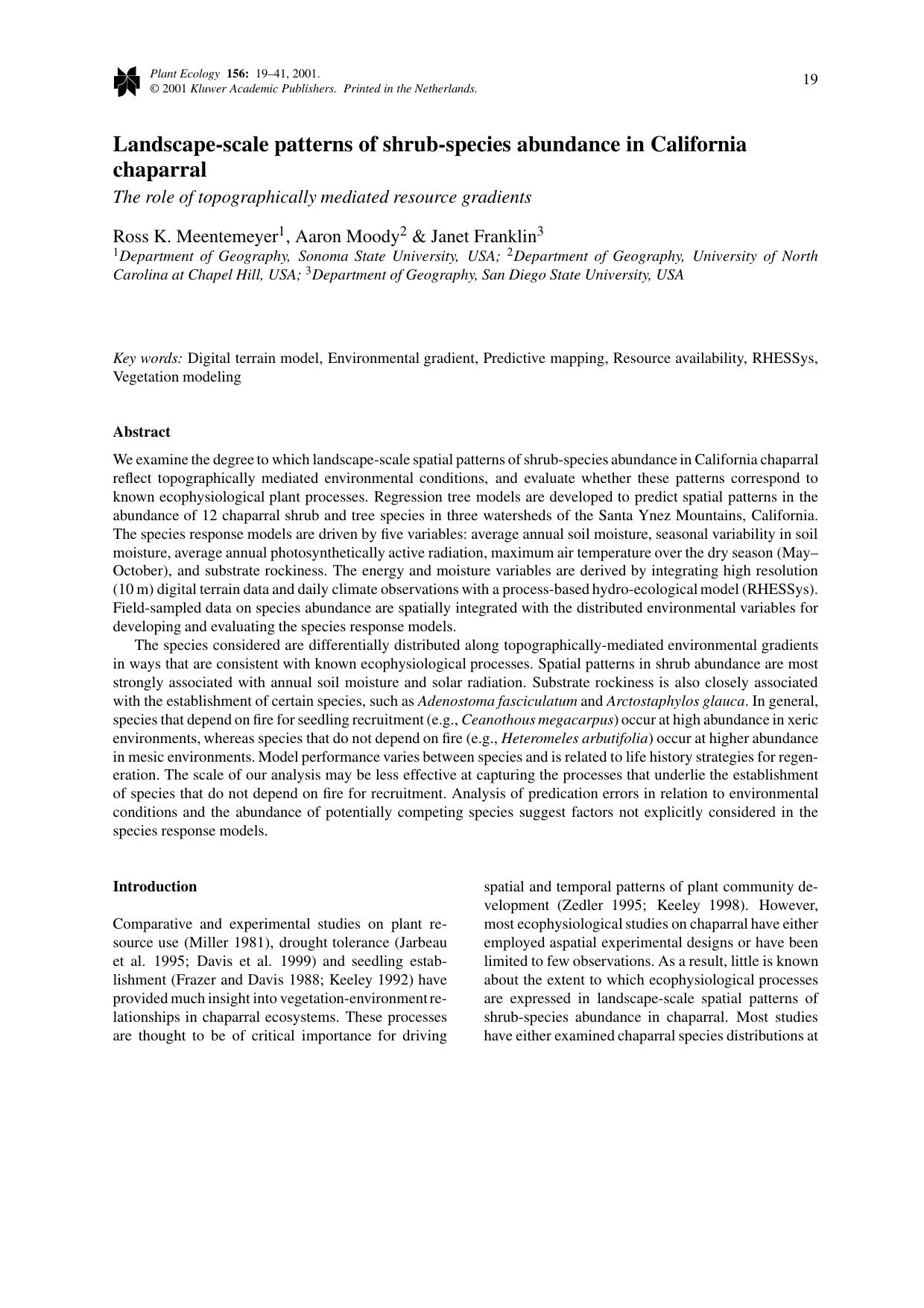 Landscape-scale patterns of shrub-species abundance in California chaparral – The role of topographically mediated resource gradients by Unknown