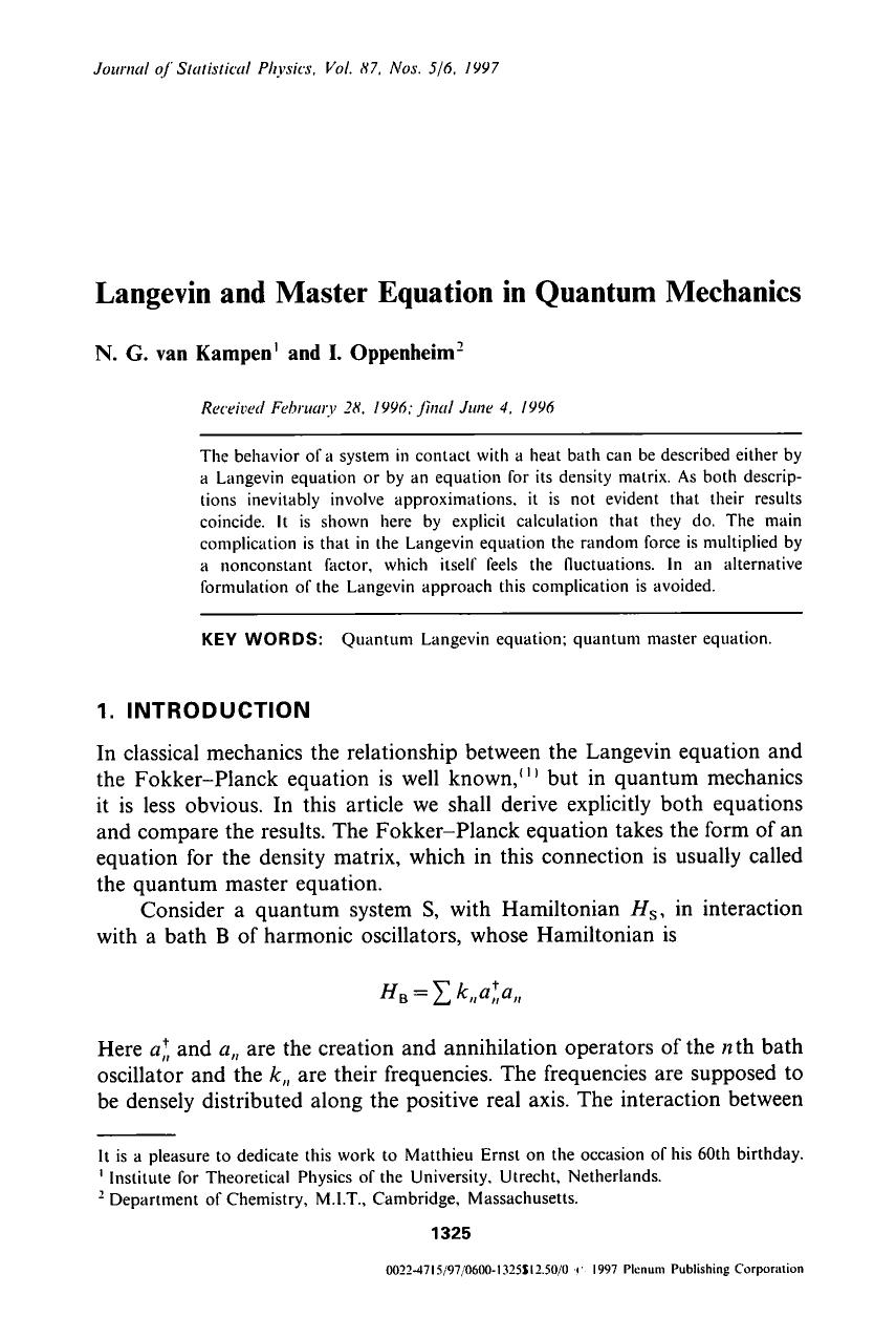 Langevin and master equation in quantum mechanics by Unknown