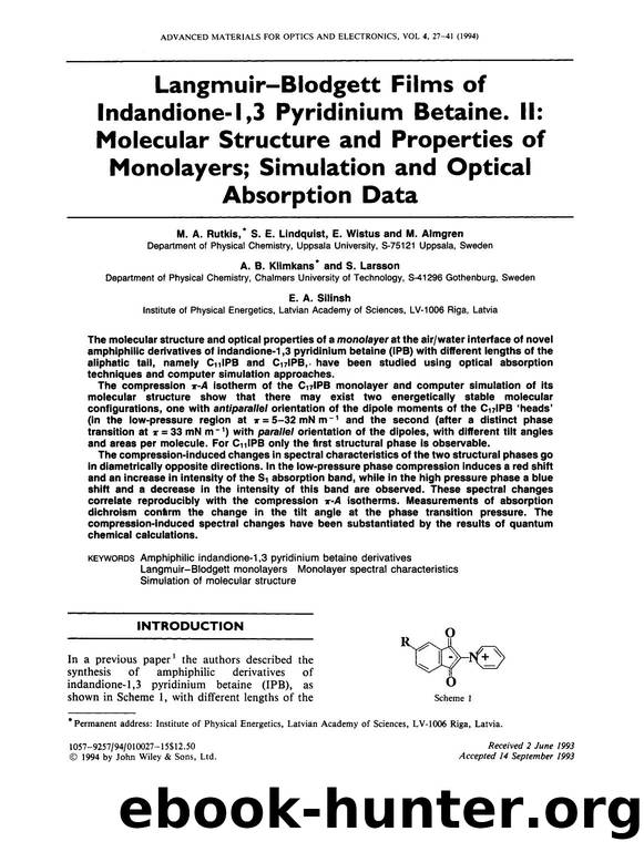 Langmuir-Blodgett films of indandione-l,3 pyridinium betaine. II: Molecular structure and properties of monolayers; simulation and optical absorption data by Unknown