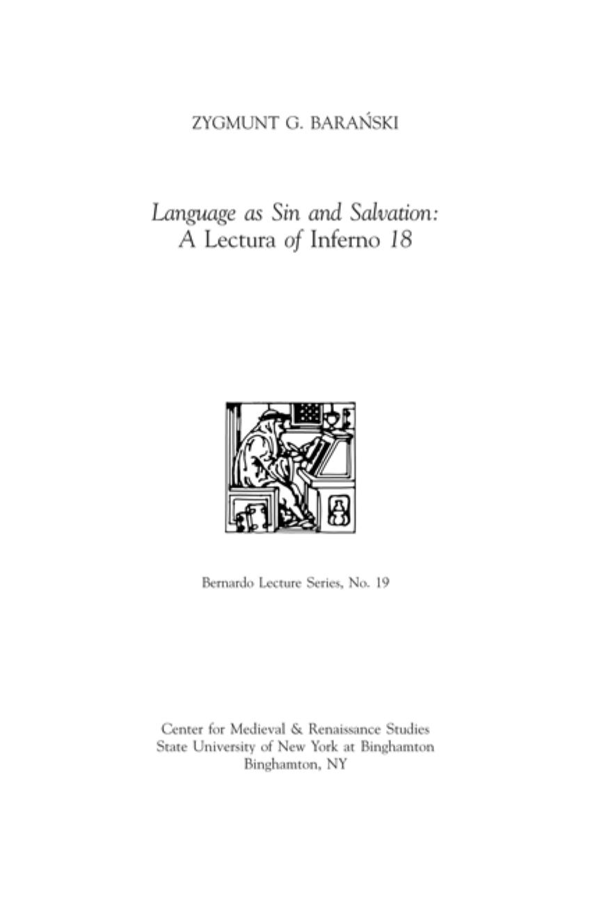 Language as Sin and Salvation: A Lectura of Inferno 18: Bernardo Lecture Series, No. 19 by Barański Zygmunt G