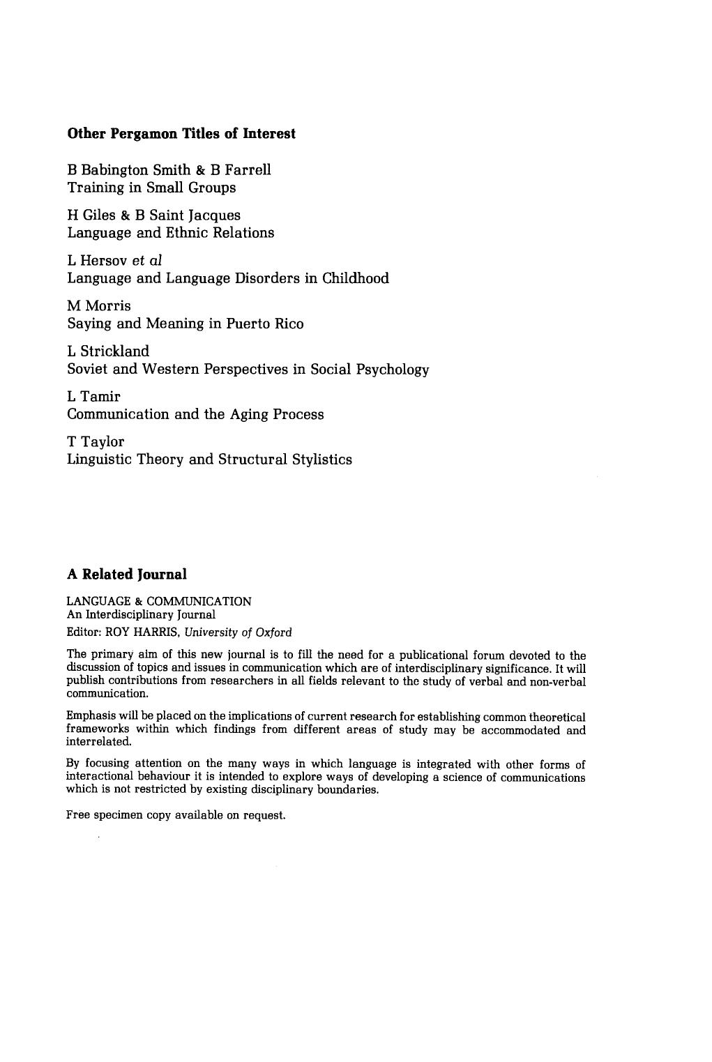 Language. Social Psychological Perspectives by International Conference on Social Psychology and Language (1st