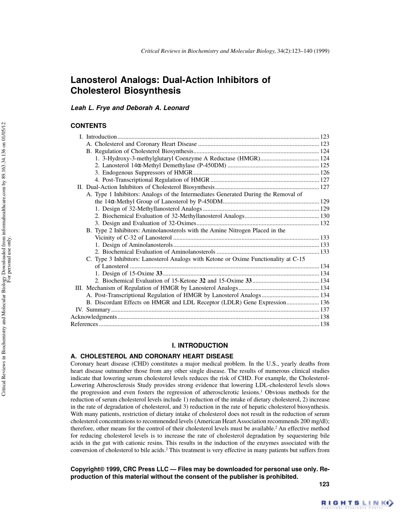Lanosterol Analogs: Dual-Action Inhibitors of Cholesterol Biosynthesis by Leah L. Frye & Deborah A. Leonard