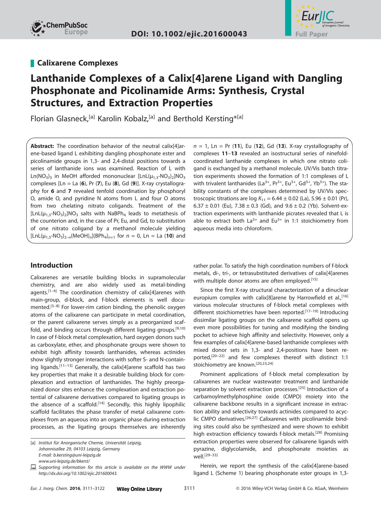 Lanthanide Complexes of a Calix[4]arene Ligand with Dangling Phosphonate and Picolinamide Arms: Synthesis, Crystal Structures, and Extraction Properties by Unknown