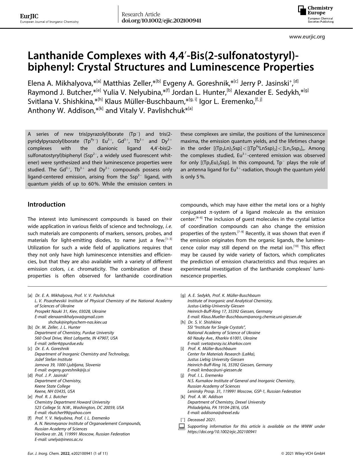 Lanthanide Complexes with 4,4â²âBis(2âsulfonatostyryl)âbiphenyl: Crystal Structures and Luminescence Properties by Unknown