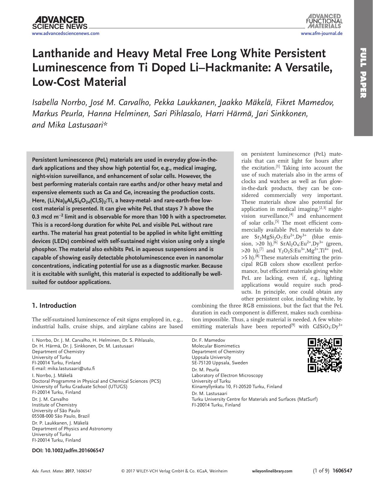 Lanthanide and Heavy Metal Free Long White Persistent Luminescence from Ti Doped Li&#x02013;Hackmanite: A Versatile, Low&#x02010;Cost Material by Unknown
