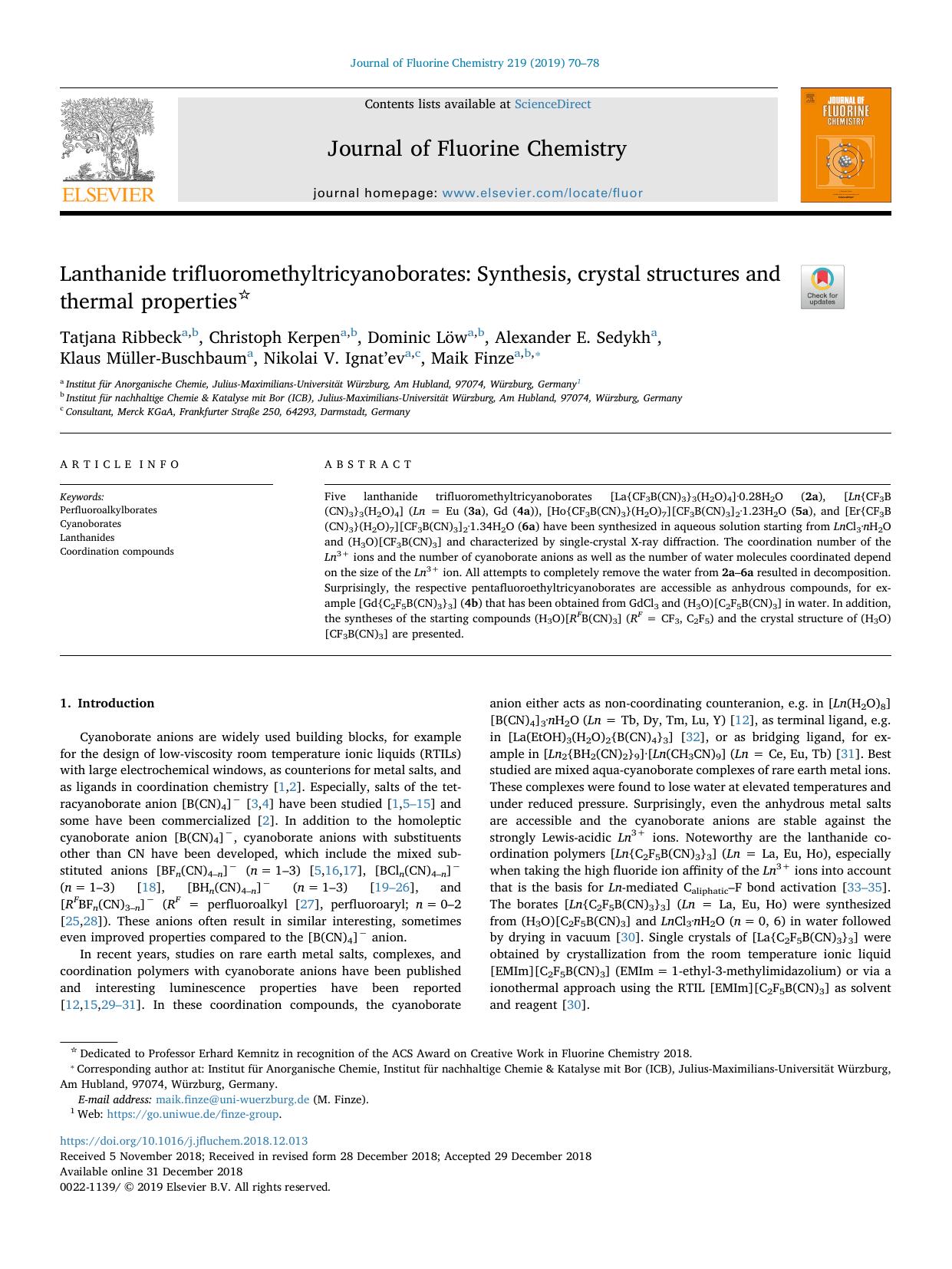Lanthanide trifluoromethyltricyanoborates_ Synthesis, crystal structures and thermal properties by unknow