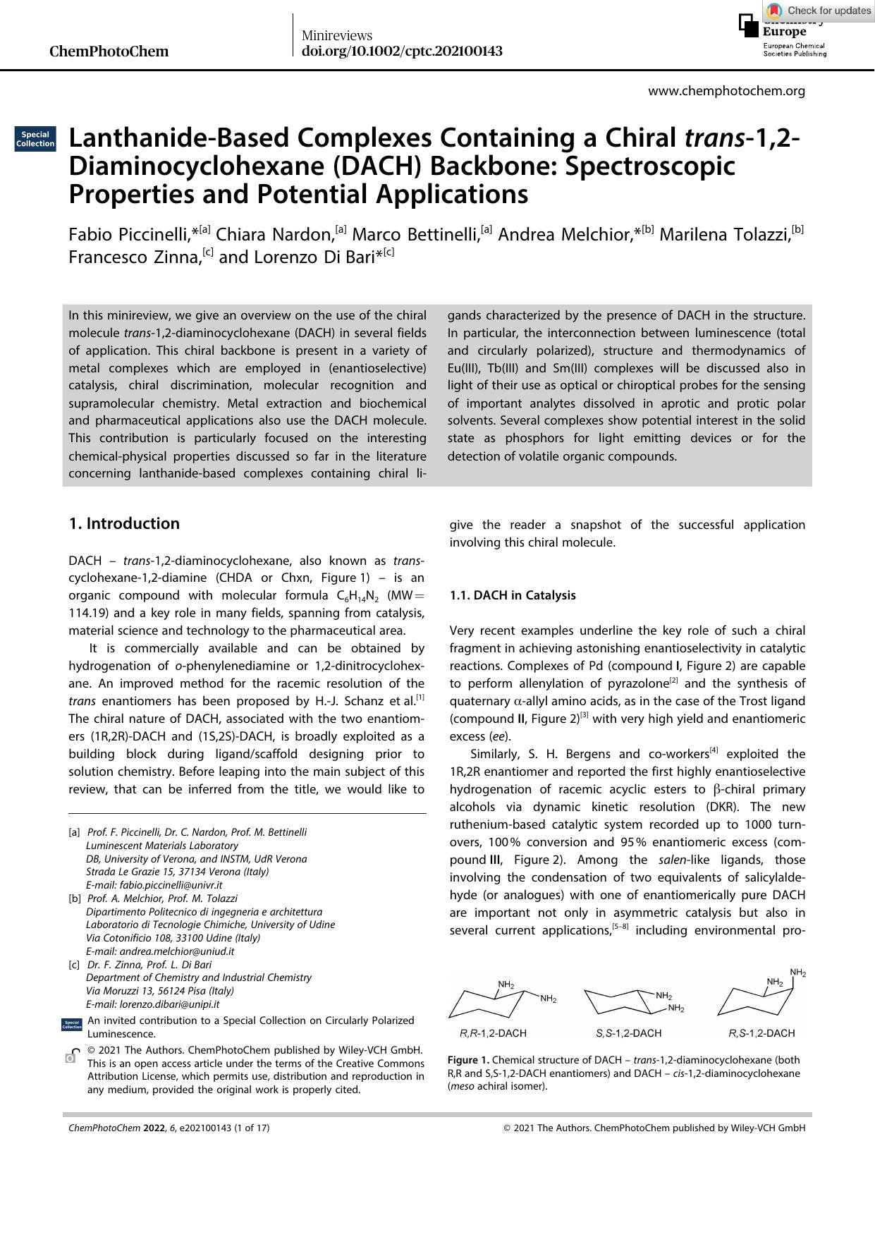 LanthanideâBased Complexes Containing a Chiral transâ1,2âDiaminocyclohexane (DACH) Backbone: Spectroscopic Properties and Potential Applications by Unknown