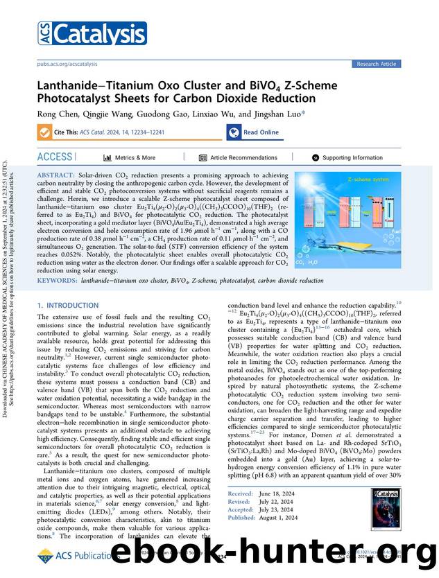 LanthanideâTitanium Oxo Cluster and BiVO4 Z-Scheme Photocatalyst Sheets for Carbon Dioxide Reduction by Rong Chen Qingjie Wang Guodong Gao Linxiao Wu & Jingshan Luo