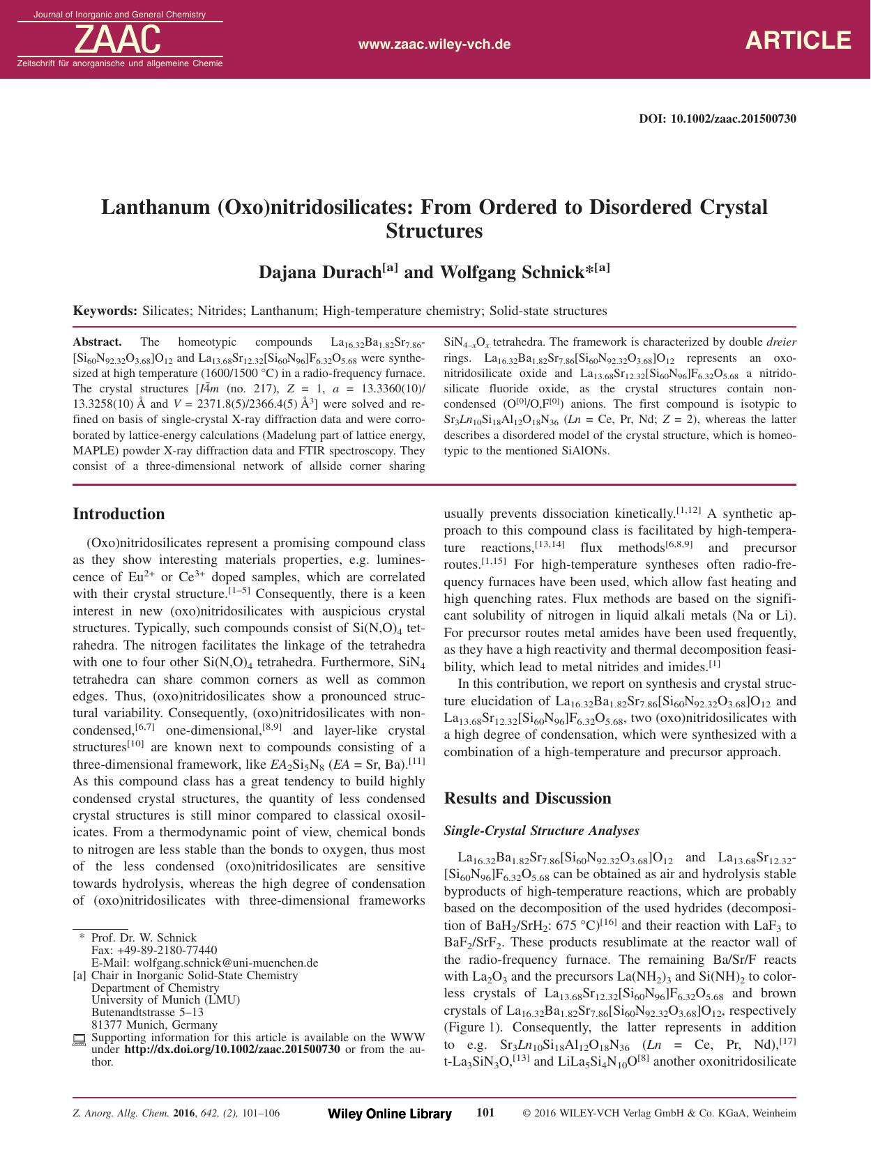 Lanthanum (Oxo)nitridosilicates: From Ordered to Disordered Crystal Structures by Unknown