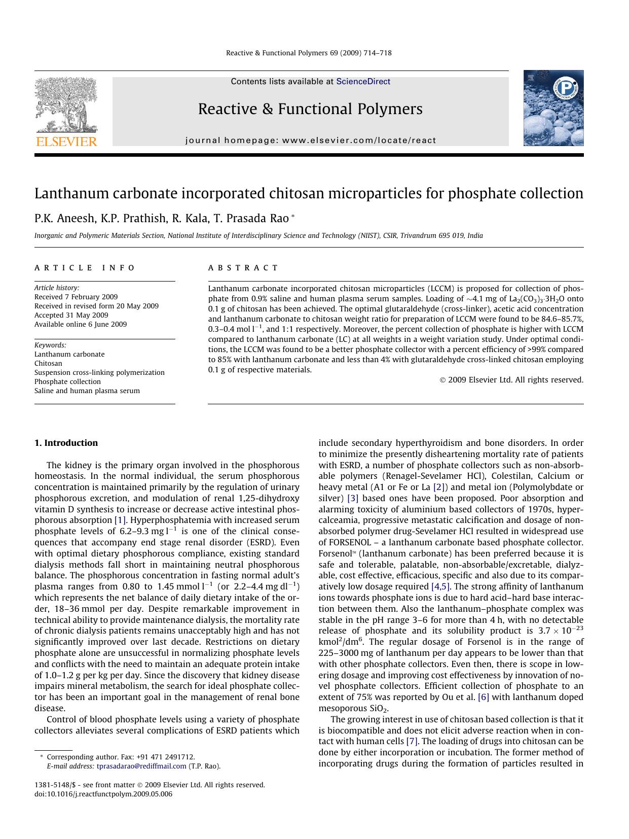Lanthanum carbonate incorporated chitosan microparticles for phosphate collection by P.K. Aneesh; K.P. Prathish; R. Kala; T. Prasada Rao