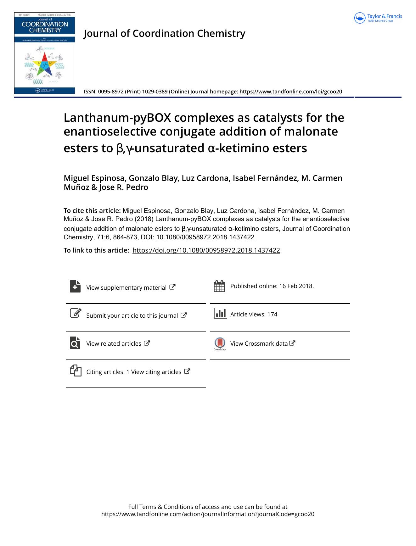 Lanthanum-pyBOX complexes as catalysts for the enantioselective conjugate addition of malonate esters to Î²,Î³-unsaturated Î±-ketimino esters by Miguel Espinosa & Gonzalo Blay & Luz Cardona & Isabel Fernández & M. Carmen Muñoz & Jose R. Pedro