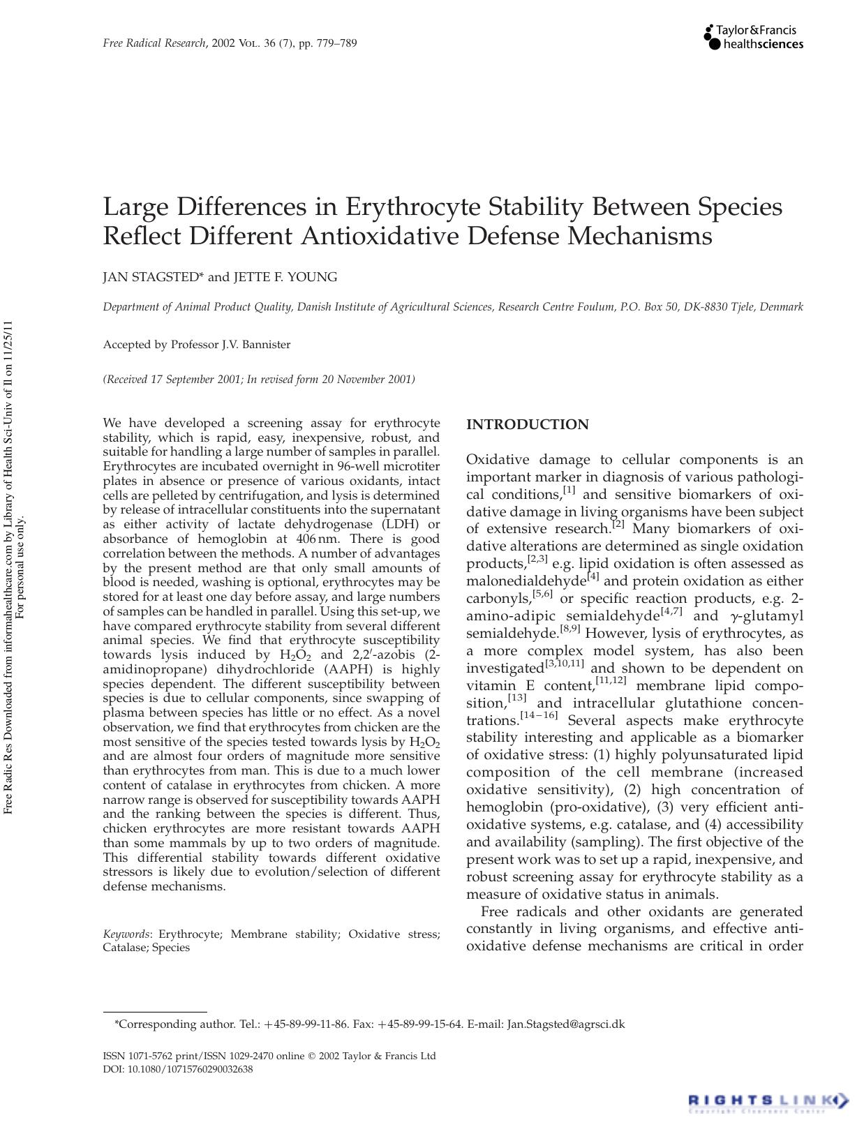 Large Differences in Erythrocyte Stability Between Species Reflect Different Antioxidative Defense Mechanisms by Jan Stagsted & Jette F. Young
